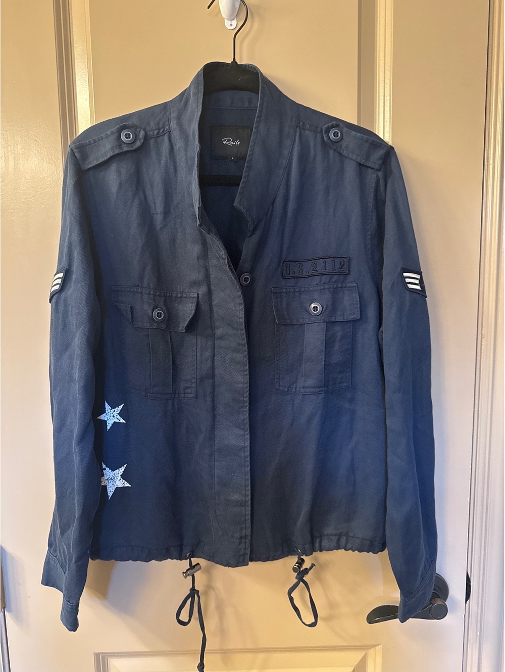 Rails Navy Blue Military Style Jacket with Star and Stripe Patches, Size Large